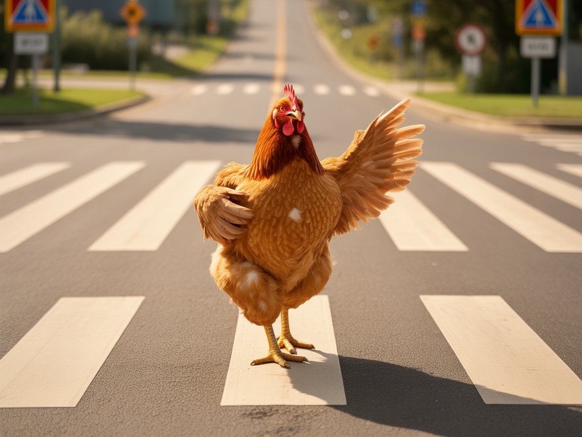 Een voetgangersoversteekplaats bij schemering met aangedreven verkeerslichten — het tafereel waar elke Chicken Road-run begint